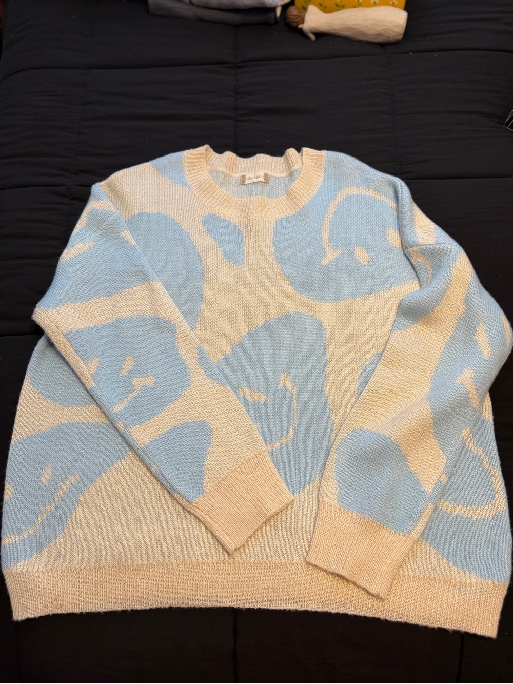 Altar'd State Cream and Light Blue Smiley Knit Crewneck Sweater